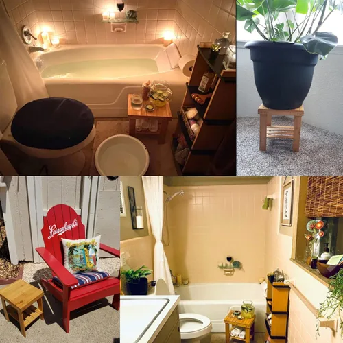 Miniatura 6 de ASelected Taburete de ducha de bambú pequeño de madera de 13 pulgadas, taburete de madera impermeable con estante de almacenamiento para espacios