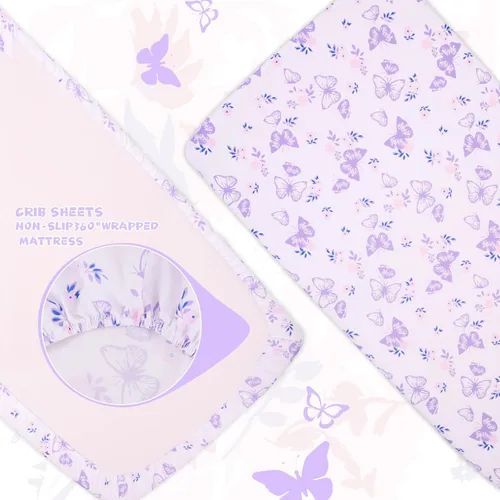 Miniatura 6 de Juego de ropa de cama para cuna Cloele para niñas, 3 piezas de ropa de cama floral de mariposa para bebé - Incluye edredón, sábana ajustada y falda