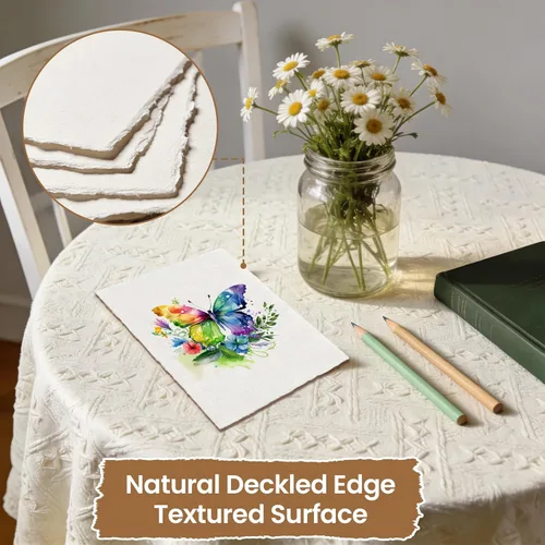 Miniatura 2 de Deckled Edge - Papel de 5 x 7 pulgadas, 50 hojas de papel de acuarela hecho a mano, papel texturizado natural de 300 GSM, papel de algodón rugoso
