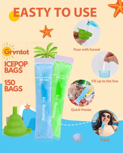Miniatura 4 de 150 bolsas desechables para moldes de paletas de hielo (8 x 2 pulgadas) para aperitivos de frutas naturales, jugos y batidos, moldes de paletas