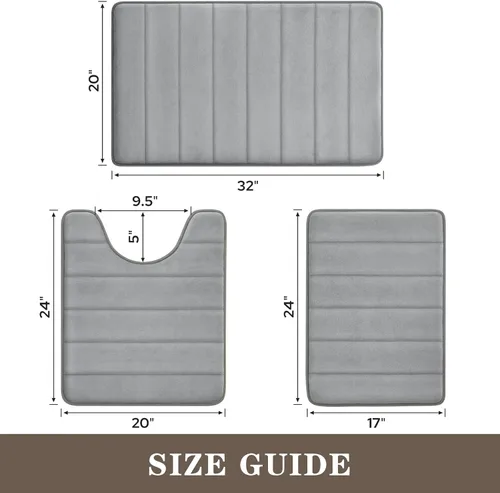 Miniatura 3 de BYSURE Juego de 3 tapetes de baño de espuma viscoelástica color gris, antideslizantes, extra suaves, absorbentes, lavables a máquina y secos