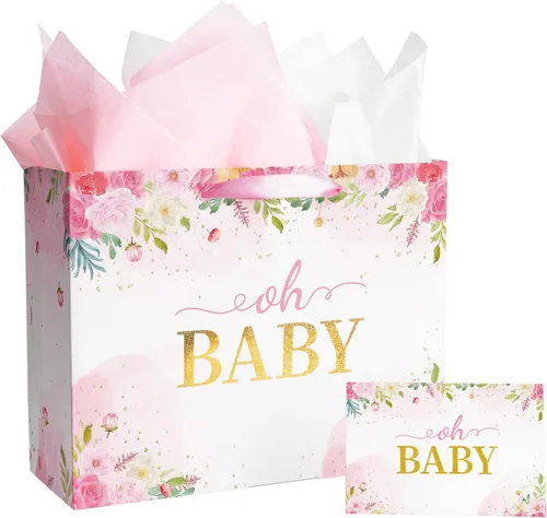 Miniatura 10 de Plauthus Bolsas de regalo grandes para bebé de 13 pulgadas con papel de seda y tarjeta de felicitación (oso de balón y floral), bolsas de regalo