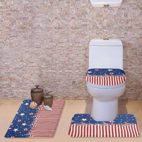 Miniatura 2 de HUGS IDEA Alfombra de baño con estampado de bandera estadounidense con alfombrilla de contorno y cubierta para tapa de inodoro, juego completo de 3