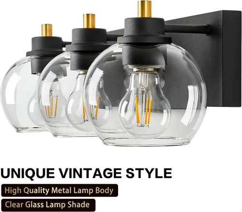Miniatura 4 de Tuscarora Lámpara de tocador de baño de 3 luces, lámparas de baño negras y doradas, lámpara de tocador moderna con pantalla de vidrio transparente