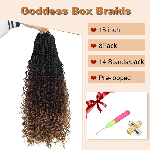 Miniatura 2 de Diha - Trenzas de ganchillo Goddess Box Braids con puntas rizadas de 18 pulgadas, trenzas de cabello sintético Boho, 8 paquetes, 3X trenzas de T1B