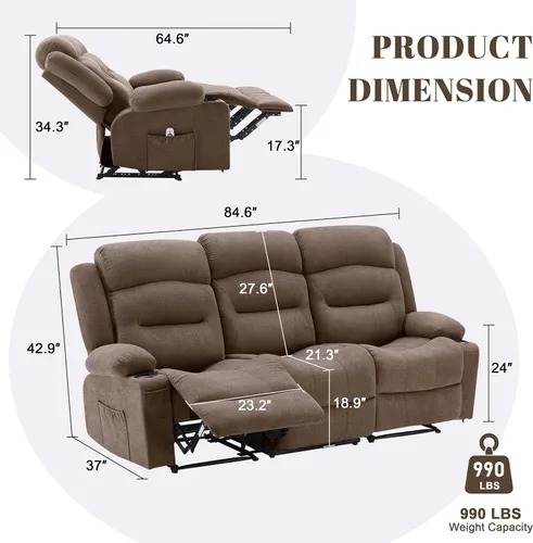 Miniatura 2 de Sofá reclinable extra grande con masaje y calor, sofá reclinable RV grande de 3 plazas para sala de estar, sofá reclinable pegado a la pared