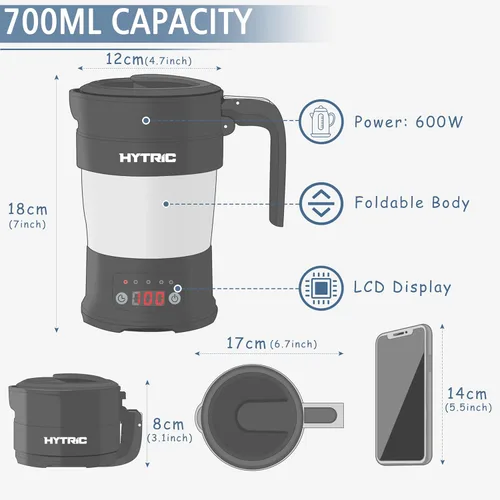 Miniatura 4 de HYTRIC Hervidor Eléctrico de Viaje, Hervidor Eléctrico Plegable Pequeño de 700ML Libre de BPA, Hervidor Portátil con Panel Multifuncional, Hervidor