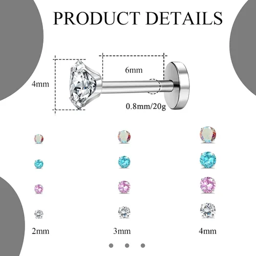 Miniatura 3 de JOERICA 12 pares de aretes tipo dormilona de acero inoxidable de 0.71 oz con circonita cúbica para mujeres y hombres, para cartílago, hélice, 0.079