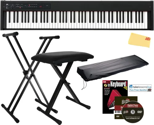 Korg Piano digital D1, paquete negro con banco ajustable, soporte, cubierta antipolvo, libro de instrucciones, DVD instructivo de Austin Bazaar y