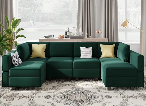 Miniatura 23 de Belffin Sofá modular en forma de U con tumbonas reversibles, de terciopelo, con asiento de almacenamiento, color negro