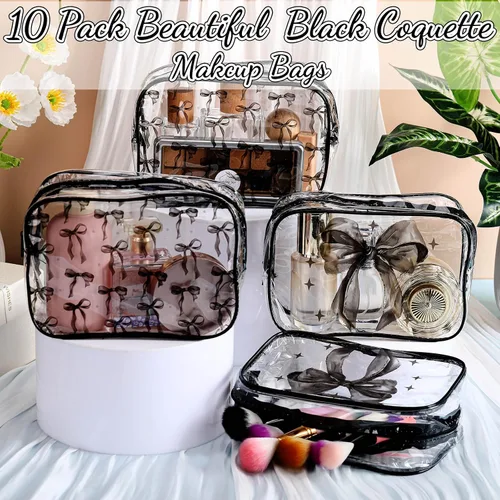 Miniatura 4 de Kacctyen 10 bolsas de maquillaje con lazo negro, regalos a granel para niñas y mujeres, regalos de fiesta de cumpleaños, coqueta, lazo pastel