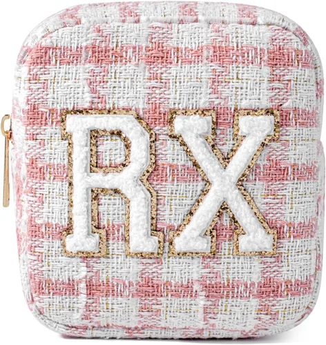 Miniatura 11 de uekeboag Bolsa Cosmética Personalizada Pequeña de Nylon, Linda Bolsa de Medicamentos con Parche de Letras de Chenilla y Cremallera, Bolsa de Viaje