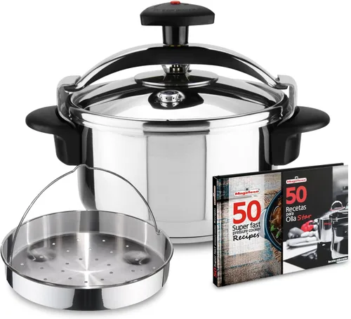Magefesa Star Exclusivo juego de olla a presión de 4.2 cuartos de galón, incluye cesta de vapor y libro de recetas, acero inoxidable 18/10,