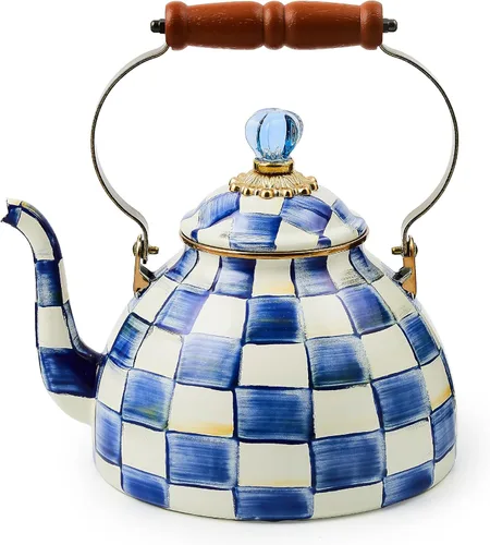 Miniatura 21 de MACKENZIE-CHILDS Tetera esmaltada, elegante tetera para estufa, cuadros cortesanos en blanco y negro, 3 cuartos de galón color fantasía