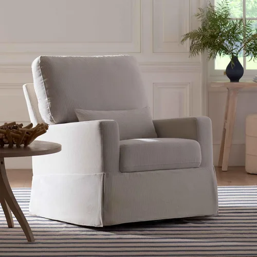 NAMESAKE Crawford Pillowback Comfort Swivel Glider en tela ecológica de rendimiento con rayas Chatham de Fog, repelente al agua, con certificación