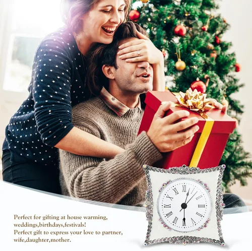 Miniatura 7 de KEYPOWER Reloj de mesa pequeño de cuarzo analógico de escritorio esmaltado con marco decorativo de diamante de cristal, para el hogar, dormitorio