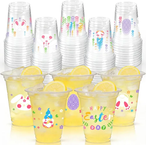 GuassLee Vasos de fiesta de Pascua – 50 tazas desechables de plástico transparente de 12 onzas para niños y adultos, aperitivos, suministros de