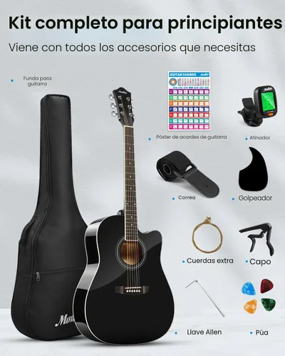 Miniatura 2 de Moukey Guitarra acústica de 41 pulgadas para principiantes, adultos, adolescentes, tamaño completo, con póster de acordes, bolsa de concierto, Negro