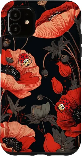 Funda para iPhone 11 Poppy Flower Ladybug Red & Black Pattern