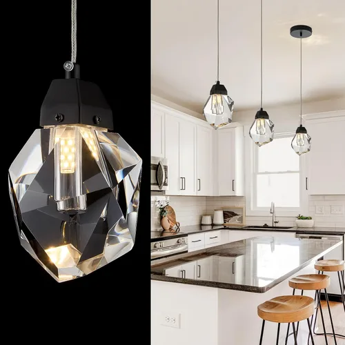 Miniatura 19 de Iluminación colgante negra, lámpara colgante moderna de cristal mini, juego de 3 candelabros ajustables para cocina, isla, comedor, dormitorio