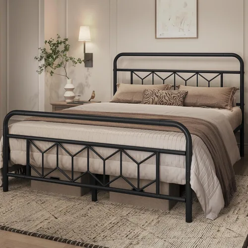 Topeakmart Base de cama Queen con cabecera de estilo vintage, base de colchón, no necesita somier, almacenamiento debajo de la cama, soporte de