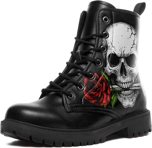 Miniatura 12 de Botas de combate negras personalizadas para mujer, con lazada, estilo cráneo y rosa, botas de tacón grueso y plataforma de cuero