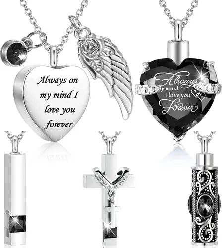 Fumete 5 piezas de collar de urna para cenizas, recuerdo de cremación, corazón, cruz, joyería cúbica para cenizas, acero inoxidable, medallón