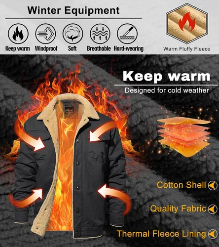 Miniatura 3 de EKLENTSON Chaqueta de invierno para hombre, gruesa y térmica, de algodón, con forro polar, abrigo de camionero con solapa, para trabajo, para hombre