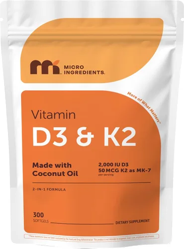 Micro Ingredients Vitamina D3 2,000 UI + K2 MK-7 50 mcg, 300 cápsulas blandas | Aceite de Coco Virgen | Apoyo 2-en-1 para Huesos, Inmunidad y
