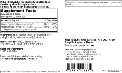 Miniatura 5 de Klaire Labs P-5-P Plus Magnesio - 30 miligramos de vitamina B6 bioactiva piridoxal-5-fosfato con magnesio TRAACS, hipoalergénico (100 cápsulas)