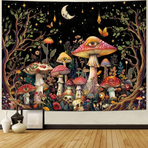 Miniatura 2 de Generleo Tapiz de hongos con luz negra, tapiz floral de plantas hippie reactivas a los rayos UV, tapices de luna de árbol malvado de ojo, decoración