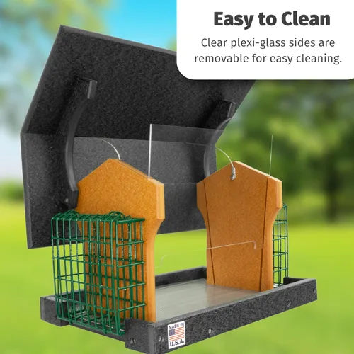 Miniatura 8 de DutchCrafters Comedero colgante de polietileno para pájaros con dos jaulas de soporte para tartas de sebo; alimentador de pájaros duradero