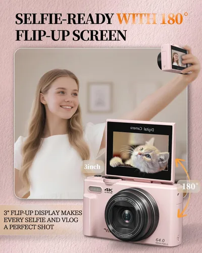 Miniatura 5 de Cámara digital 4K para fotografía y vlogging, cámara de YouTube con pantalla abatible de 180° de 3 pulgadas, enfoque automático, WiFi, zoom 18X
