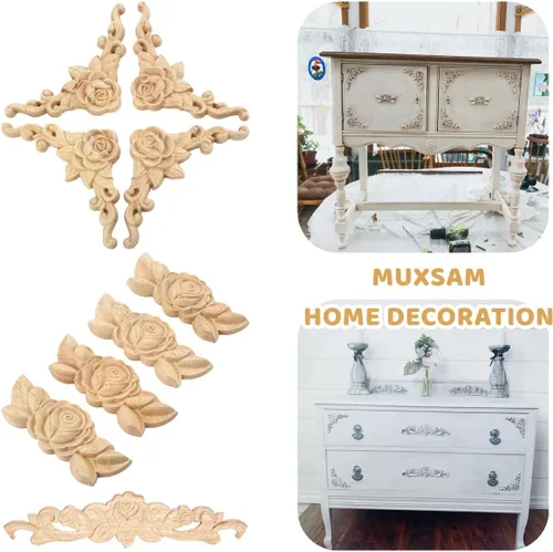 Miniatura 5 de MUXSAM 2 apliques de madera y incrustaciones para muebles, 3.15 x 3.15 pulgadas, decoración de esquina tallada sin pintar hecha a mano