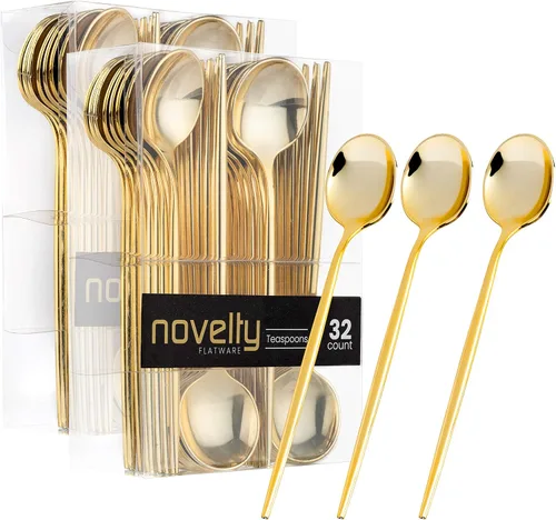 Novedosos cubiertos modernos, cubiertos, cucharaditas de plástico desechables/cuchara de postre Luxury Gold 64 unidades