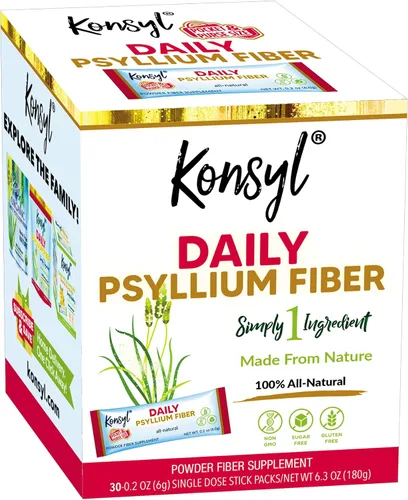 Konsyl Polvo de fibra de psyllium diario, paquetes de palitos, suplemento de fibra en polvo, conveniente, fibra soluble totalmente natural, sin
