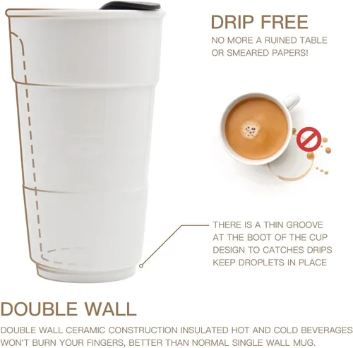 Miniatura 2 de Taza de café de viaje de cerámica de doble pared aislada con tapa deslizante, funda de silicona y portavasos incorporado, 10 fl.oz (Azul)