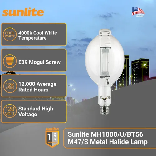 Miniatura 2 de Sunlite 03681-SU MH1000/U/BT56 M47/S Lámpara de haluro metálico, 1000 vatios, base Mogul (E39), BT56, 12,000 horas de vida, 110,000 lúmenes, acabado