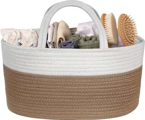 Natemia Organizador de pañales – Asas de cuerda portátil y 3 compartimentos para artículos de bebé – Cesta de almacenamiento para artículos