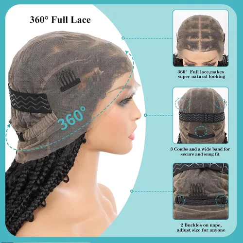 Miniatura 3 de Kalyss Pelucas trenzadas de encaje completo HD de 360° para mujer, peluca trenzada sin nudos de mariposa, peluca trenzada frontal con cabello