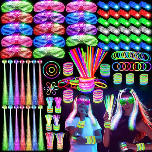 SHQDD 158 piezas de suministros de fiesta que brillan en la oscuridad, 14 lentes LED, 30 luces LED para los dedos, 14 pelos de luz LED y 100