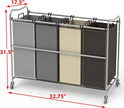 Miniatura 5 de Simple Houseware - Carrito rodante clasificador de ropa sucia con 4 sacos, color plateado/surtido Plata/Surtido