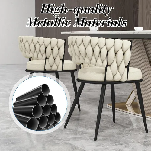 Miniatura 7 de Juego de 2 sillas de comedor tejidas, modernas sillas de comedor tejidas a mano con patas de metal negro, sillas tapizadas con marco negro
