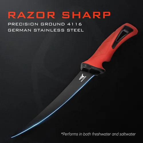 Miniatura 2 de KastKing Intimidator Cuchillo de filete con acero afilador, cuchillas de acero inoxidable alemán ultra afiladas G4116, mango antideslizante, funda