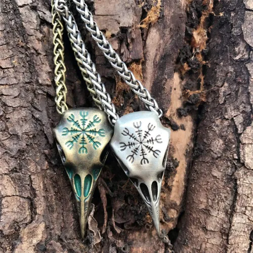 Miniatura 3 de NJ - Collar de calavera de cuervo vikingo, acero inoxidable, retro, peltre y cuervos, lanza nórdica, vikingo nórdico, runa nórdica, colgante gótico