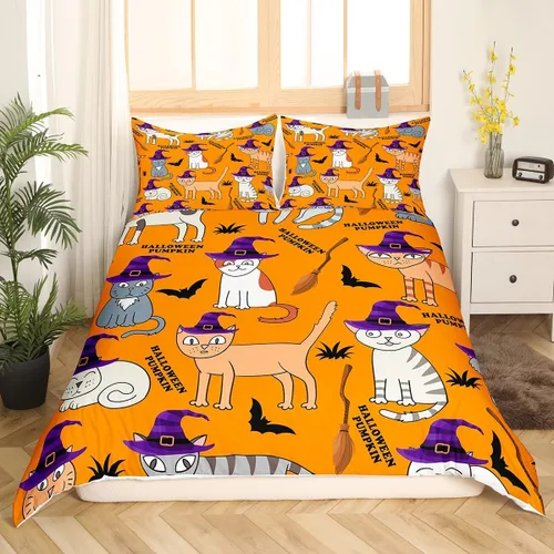 Miniatura 9 de Feelyou Funda de edredón de Halloween, tamaño individual, con 1 funda de almohada, decoración de Halloween, juego de ropa de cama con estampado