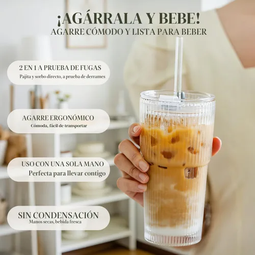 Miniatura 6 de KEMORELA Paquete de 2 vasos de vidrio acanalado de 20 onzas con tapas y pajitas de vidrio, tazas de café helado vintage, vasos reutilizables