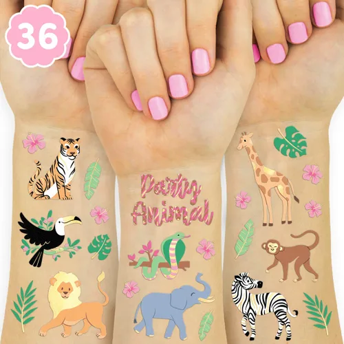 xo, Fetti Tatuajes temporales de la selva - 36 estilos | Arte de elefante + manualidades, suministros para fiesta de cumpleaños de animales