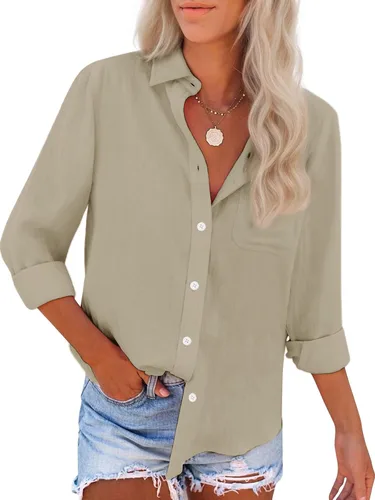 Miniatura 22 de Camisas de algodón con botones, para mujer, camisas de vestir Oxford, camisas de trabajo de manga larga, blusas con cuello y bolsillo