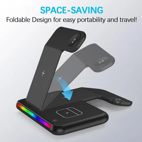 Miniatura 6 de IHAO Estación de carga inalámbrica plegable multifuncional 3 en 1 con luz nocturna LED ambiental, cargador rápido QC3.0 para teléfono, iWatch